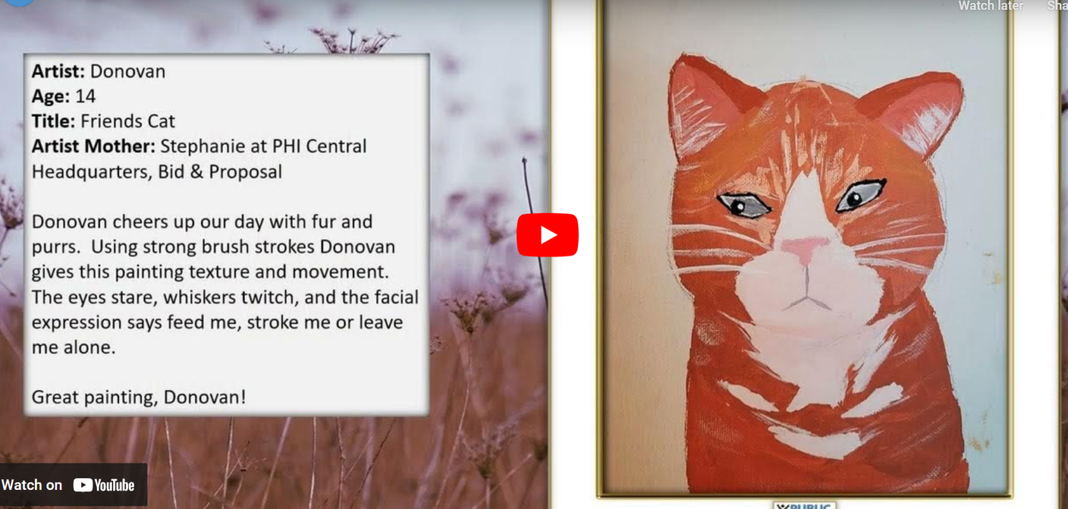 a drawing of an orange cat. the text says, Artist:: Dovoan Age , 14, Title, Friends Cat. Artist Mother, Stephanie at PHI Central.