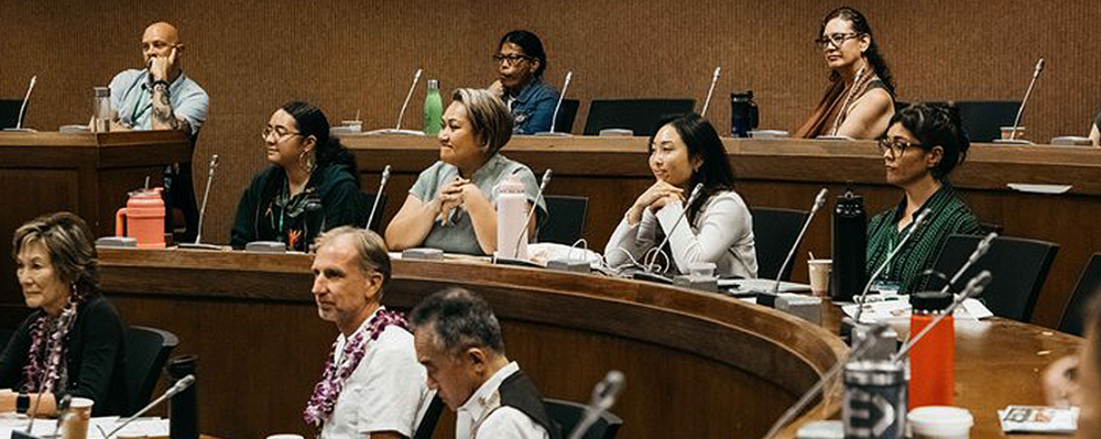 people seated at semicircle desks in Hawaii workshop