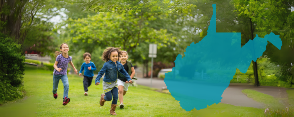 children running next to graphic of west virginia